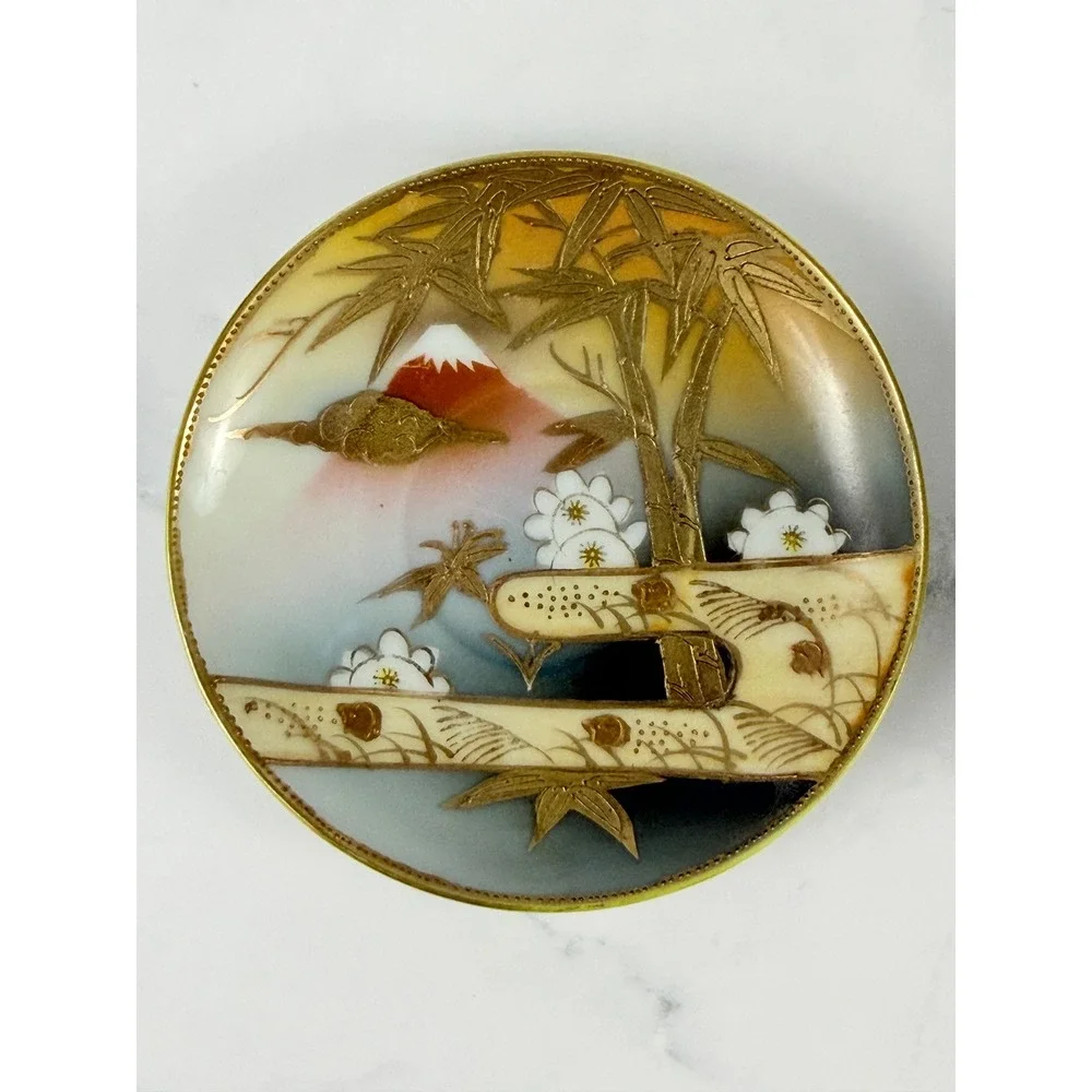 VTG Mt. Fuji Japan Hand Painted Teacup and Saucer Bamboo Gilded